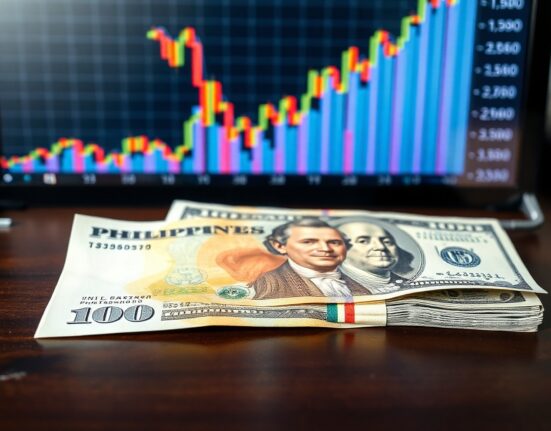 Philippine peso and US dollar banknotes on a table with a financial chart in the background, representing the USD/PHP exchange rate forecast.