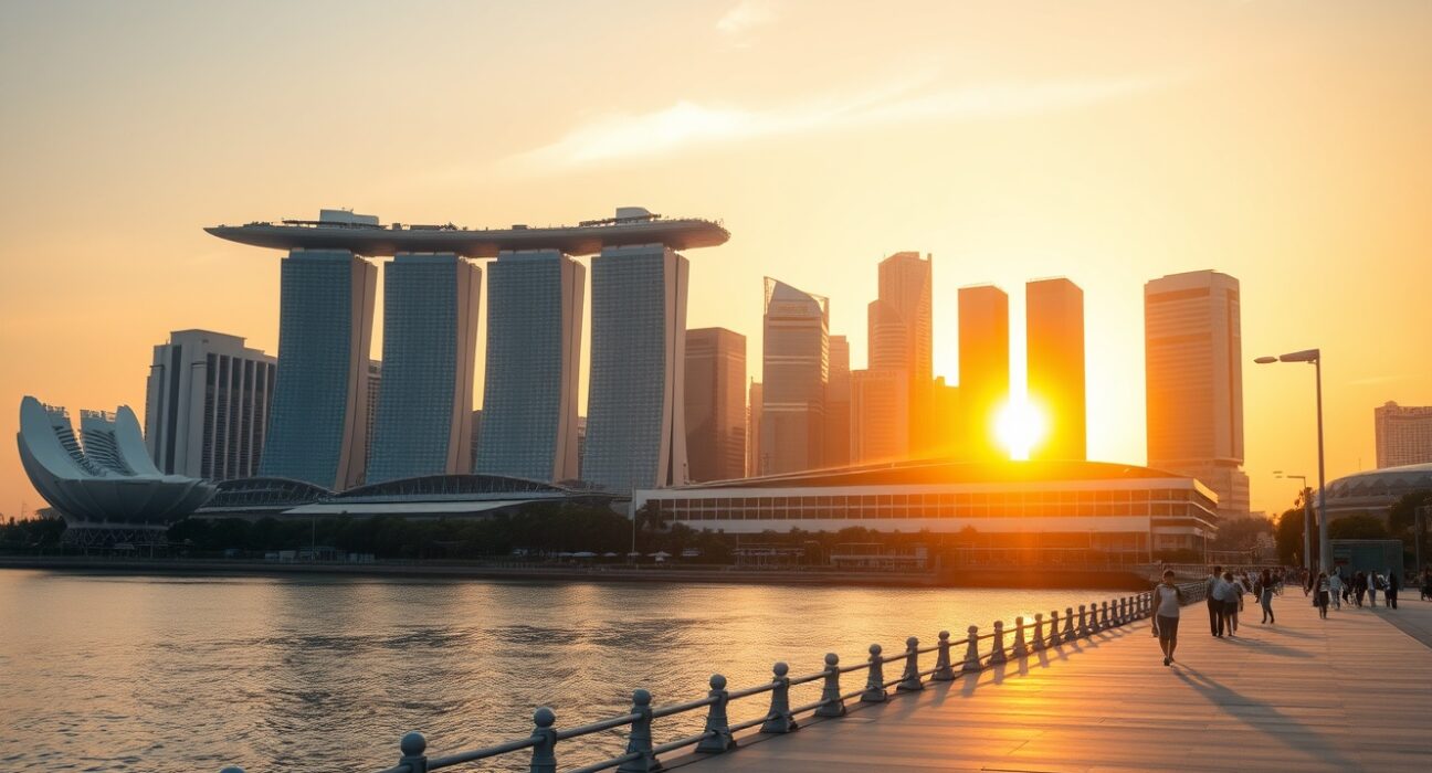 Singapore skyline at sunrise with Marina Bay Sands reflecting on calm water