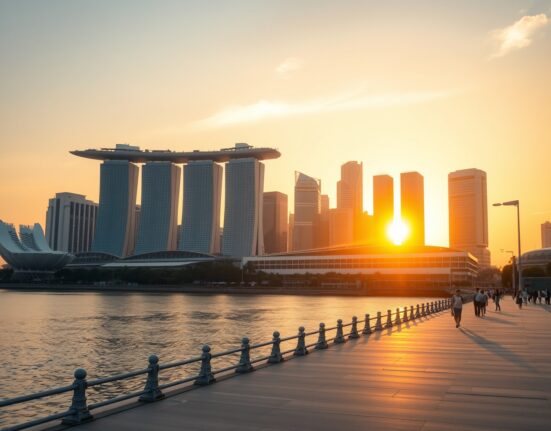 Singapore skyline at sunrise with Marina Bay Sands reflecting on calm water