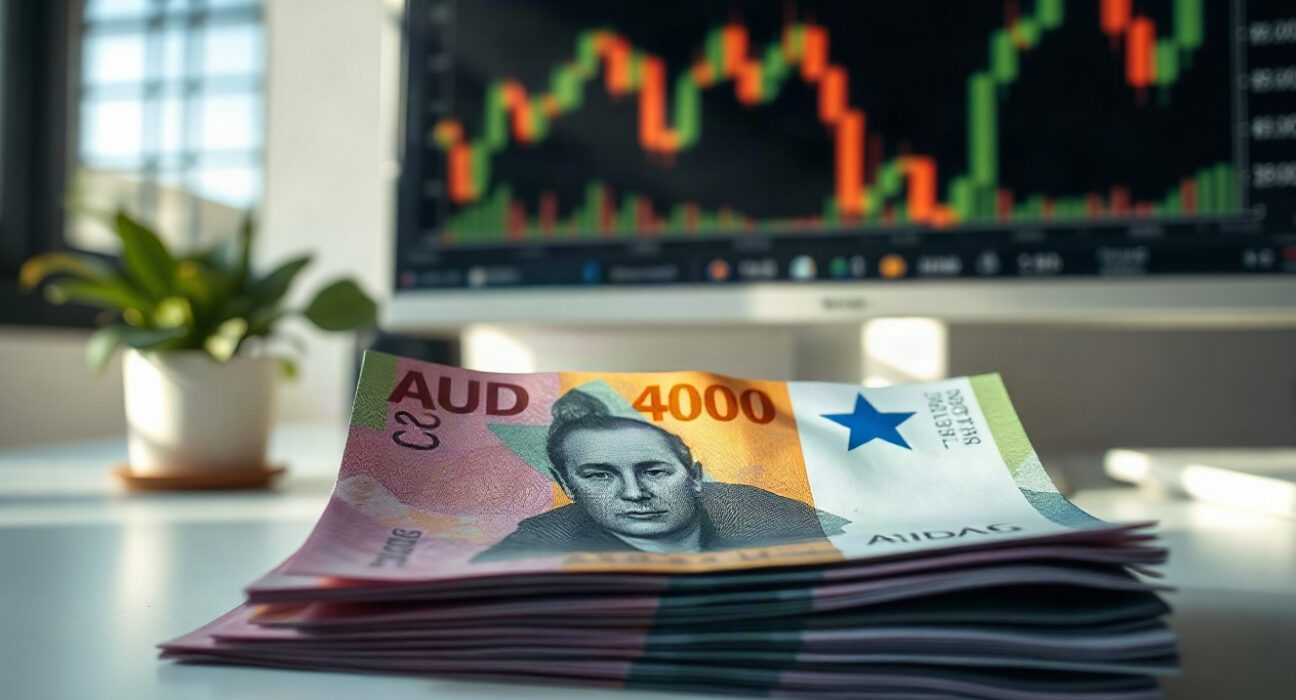 Australian Dollar banknotes with a financial chart in the background, representing currency market analysis.