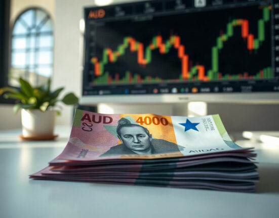 Australian Dollar banknotes with a financial chart in the background, representing currency market analysis.