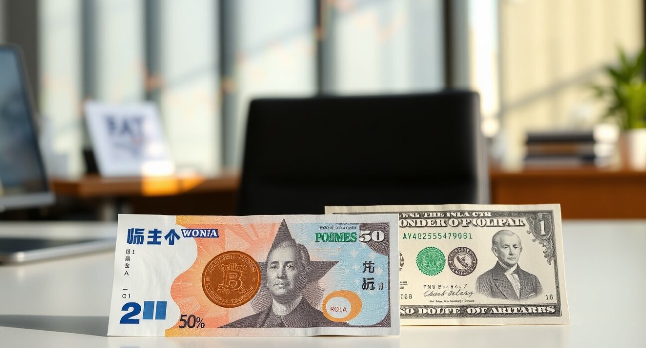 South Korean won and US dollar banknotes side by side, representing currency exchange and intervention risks.