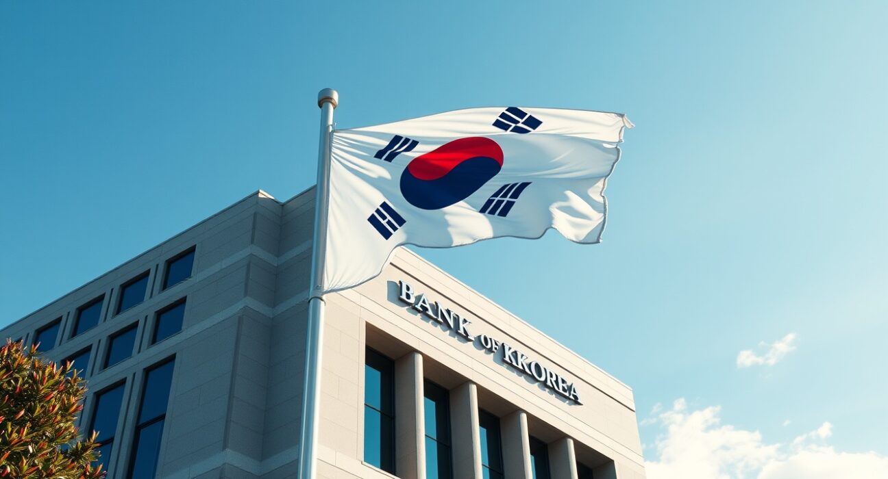 South Korean flag in front of the Bank of Korea headquarters in Seoul.