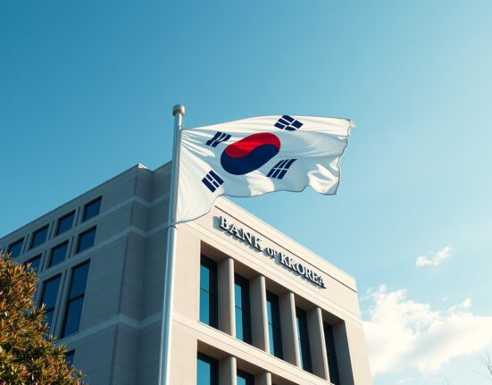 South Korean flag in front of the Bank of Korea headquarters in Seoul.