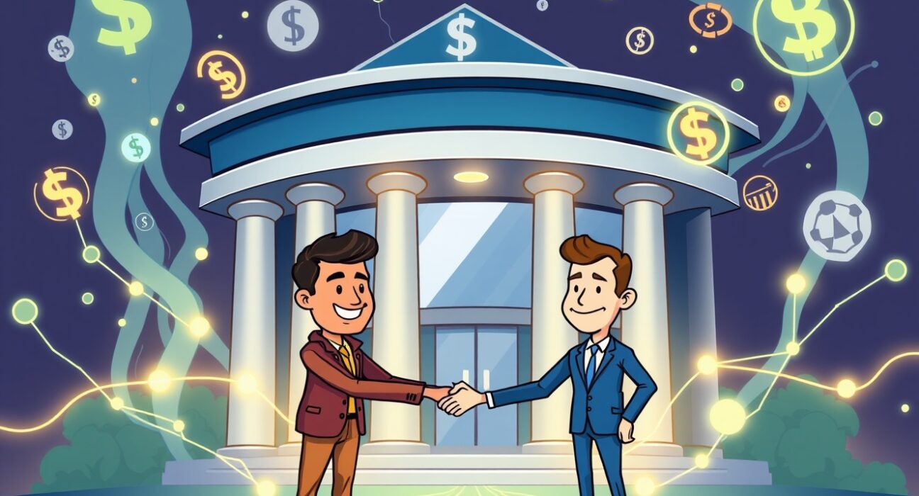 A cartoon illustration showing three entities collaborating on a digital platform, symbolizing the advancement of tokenized financial services.