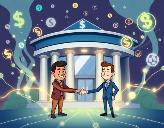 A cartoon illustration showing three entities collaborating on a digital platform, symbolizing the advancement of tokenized financial services.