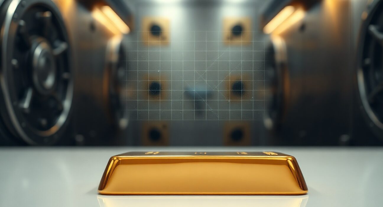 Gold bar with digital holographic overlay symbolizing tokenized gold in a modern bank vault setting