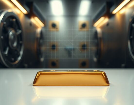 Gold bar with digital holographic overlay symbolizing tokenized gold in a modern bank vault setting
