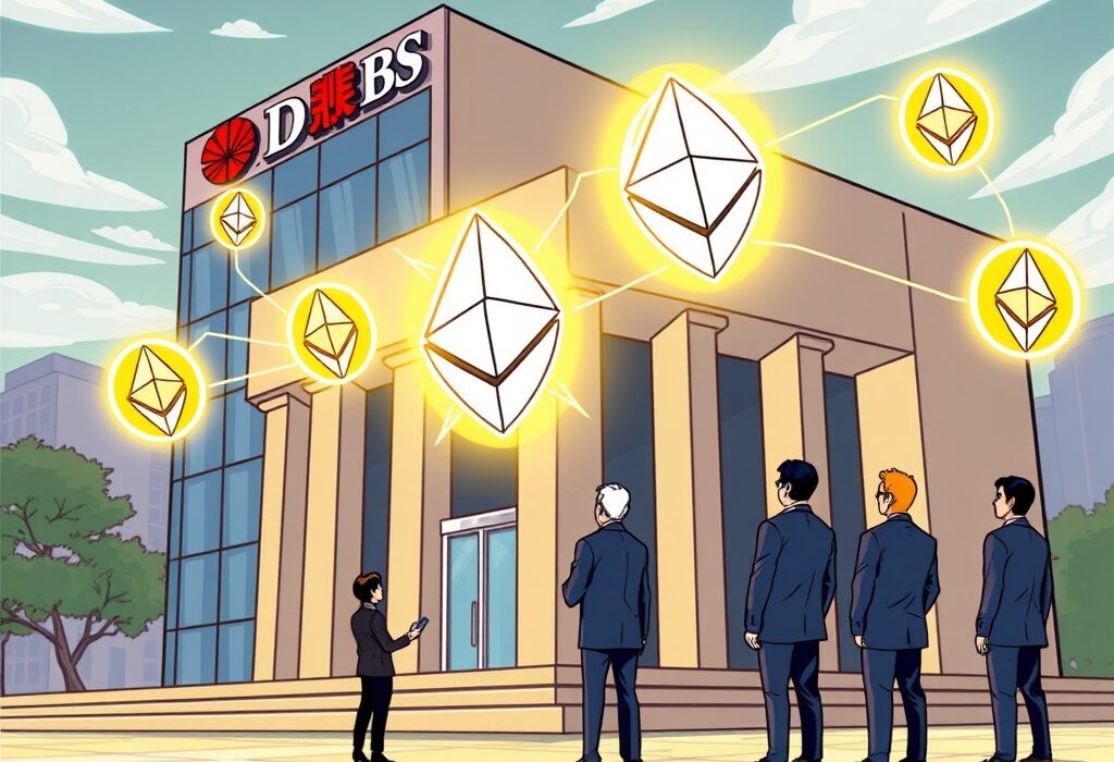 A cartoon image illustrating DBS Bank's innovative launch of an Ethereum-based tokenized structured note, bridging traditional finance and blockchain.