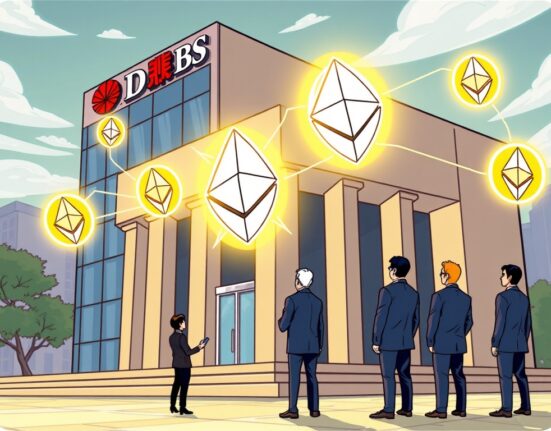 A cartoon image illustrating DBS Bank's innovative launch of an Ethereum-based tokenized structured note, bridging traditional finance and blockchain.