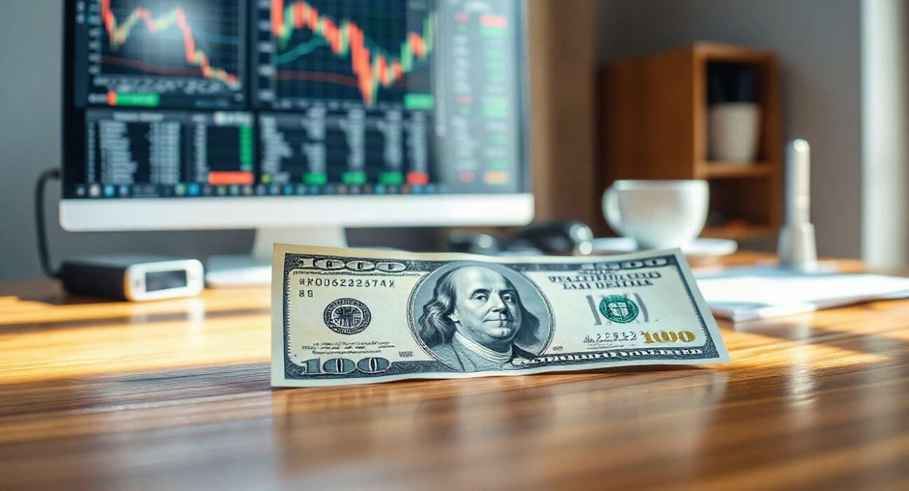 US dollar banknote on a desk with financial charts in the background