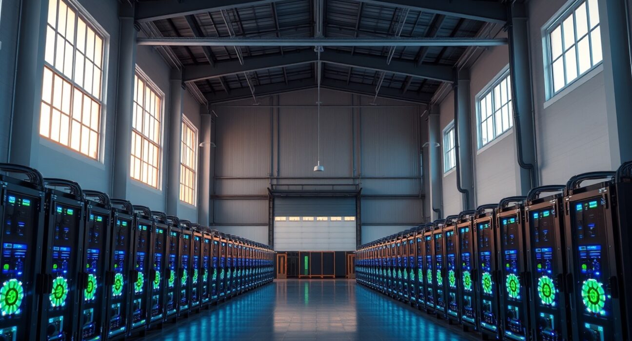 Interior of a large-scale cryptocurrency mining facility with rows of specialized computers.