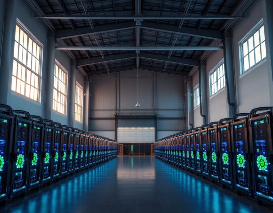Interior of a large-scale cryptocurrency mining facility with rows of specialized computers.