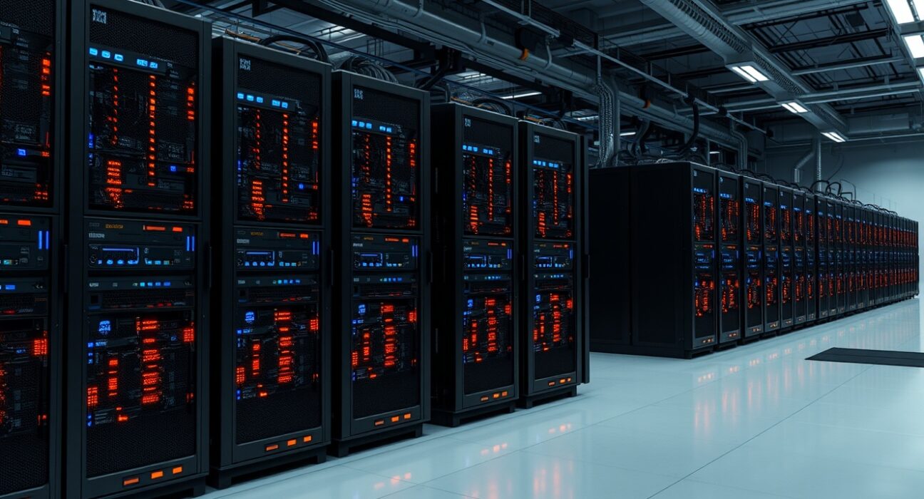 Interior of a Bitcoin mining facility with rows of mining rigs