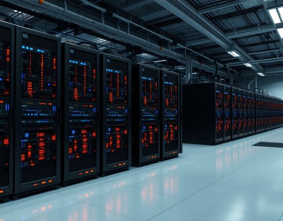 Interior of a Bitcoin mining facility with rows of mining rigs