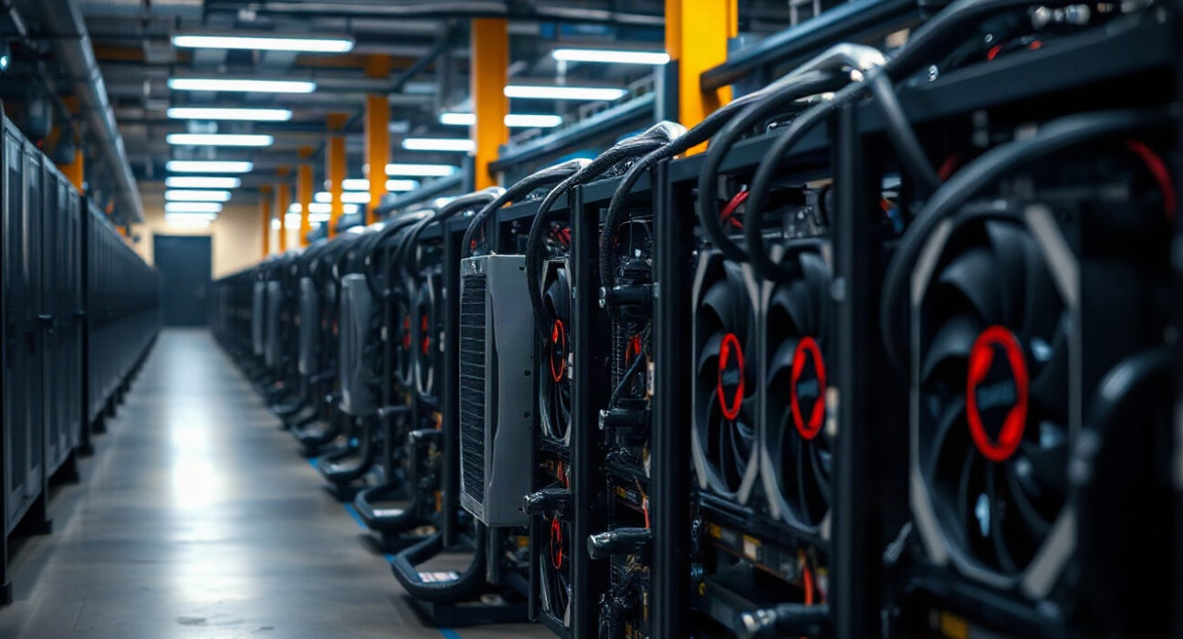 Rows of cryptocurrency mining rigs in an industrial facility with blue LED lighting.