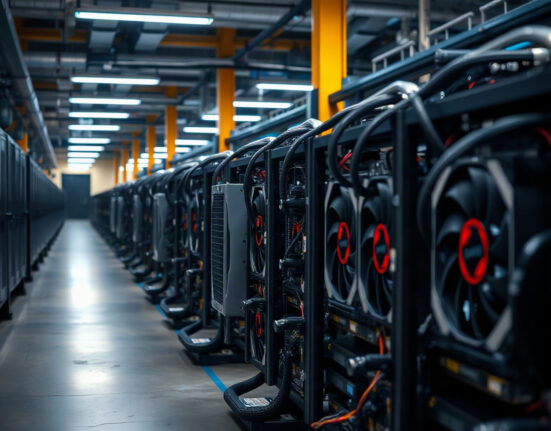 Rows of cryptocurrency mining rigs in an industrial facility with blue LED lighting.