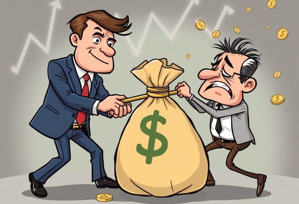 Cartoon illustration of the DCG Genesis lawsuit, showing a legal conflict over funds between a parent company and its subsidiary.