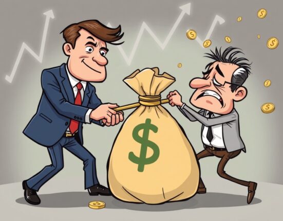 Cartoon illustration of the DCG Genesis lawsuit, showing a legal conflict over funds between a parent company and its subsidiary.