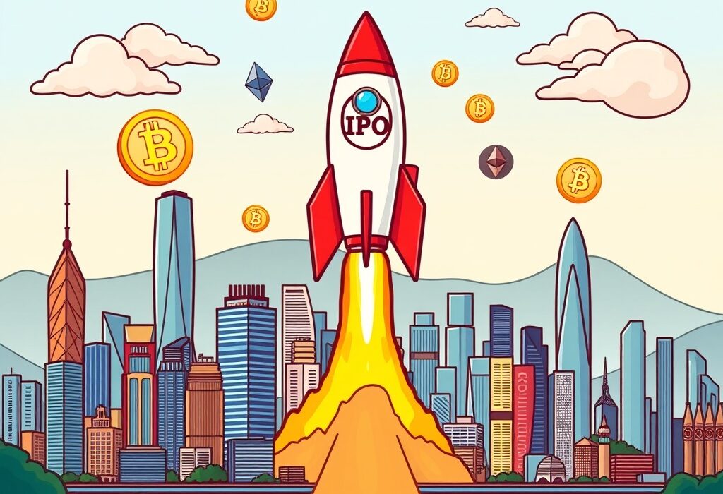 A vibrant cartoon showing a rocket launching from Hong Kong, symbolizing Digital Currency Group's DCG Hong Kong IPO and its impact on crypto finance.