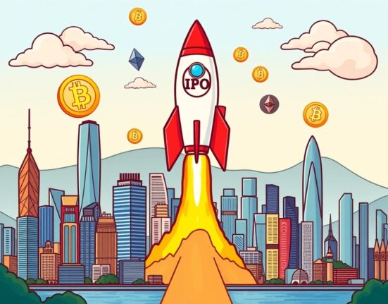 A vibrant cartoon showing a rocket launching from Hong Kong, symbolizing Digital Currency Group's DCG Hong Kong IPO and its impact on crypto finance.
