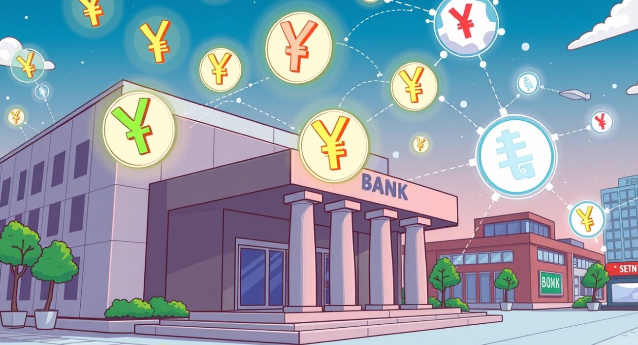 Cartoon illustration showing the DCJPY transforming international payments, symbolizing speed and efficiency in global finance.