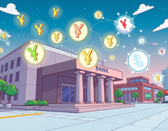 Cartoon illustration showing the DCJPY transforming international payments, symbolizing speed and efficiency in global finance.