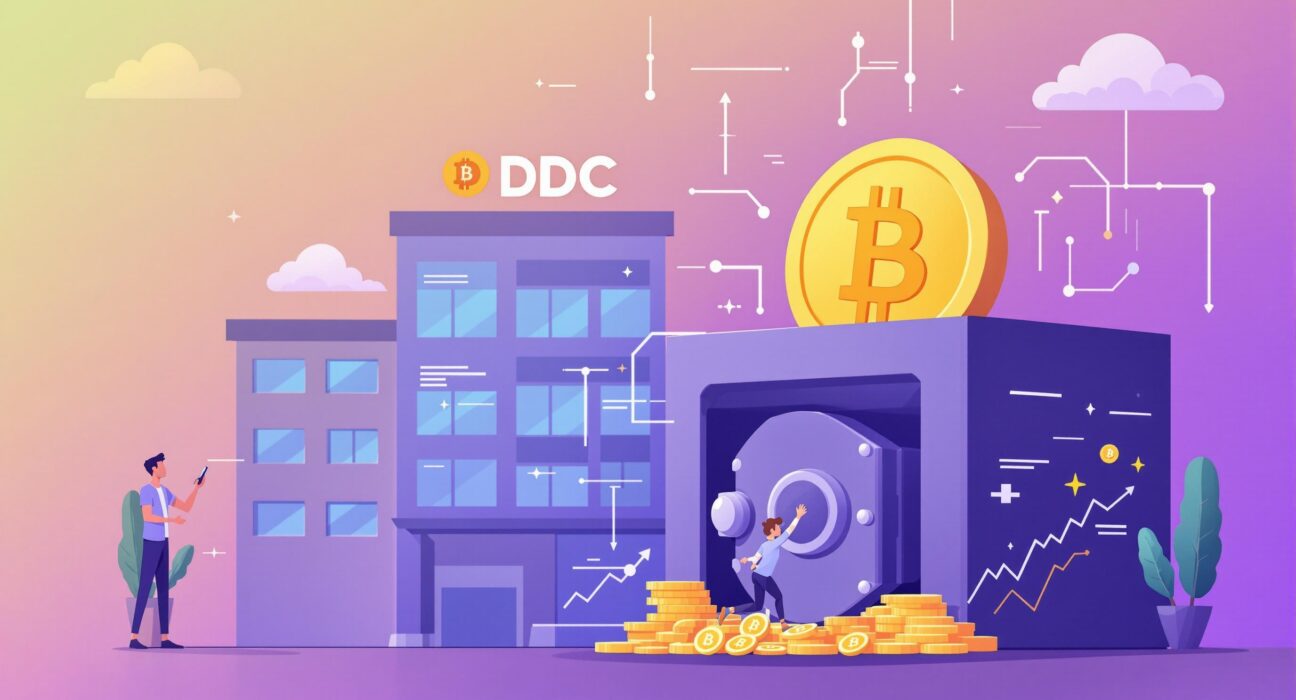 A cartoon illustration showing DDC's strategic Bitcoin accumulation strategy, aiming for significant crypto holdings.