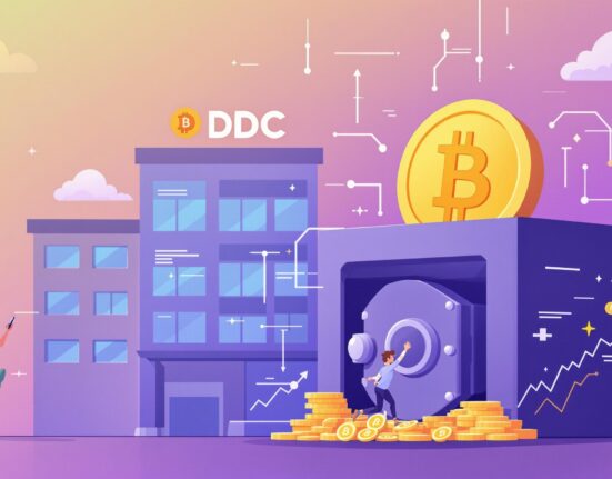 A cartoon illustration showing DDC's strategic Bitcoin accumulation strategy, aiming for significant crypto holdings.