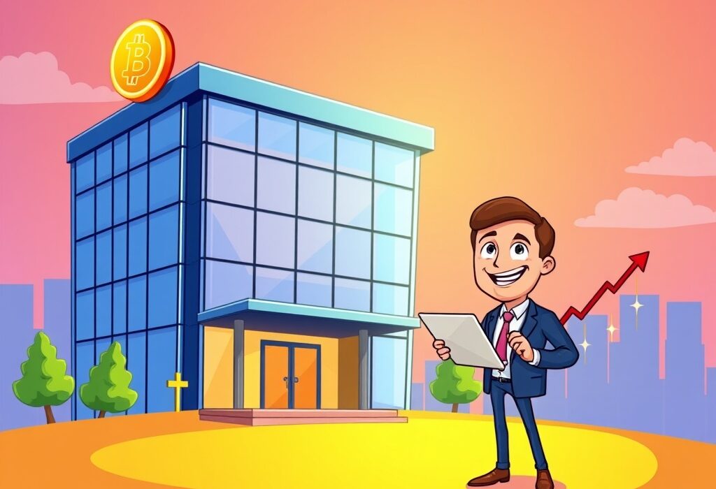 A cartoon illustration of a corporate building with a large Bitcoin symbol on its roof, representing DDC Enterprise Bitcoin investment strategy.