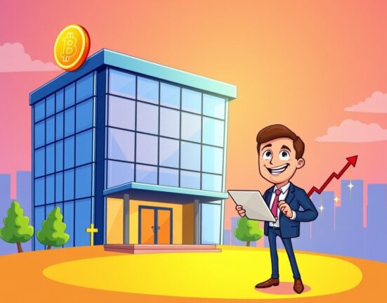 A cartoon illustration of a corporate building with a large Bitcoin symbol on its roof, representing DDC Enterprise Bitcoin investment strategy.