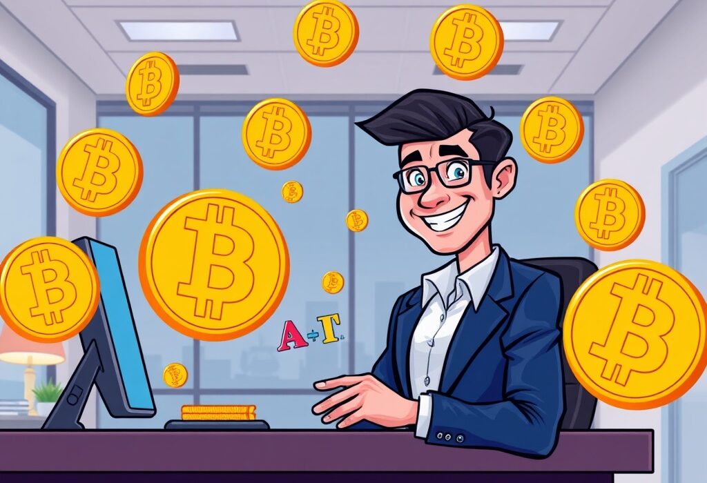 Cartoon showing DDC Enterprise Bitcoin acquisition, with an executive making a strategic digital purchase.