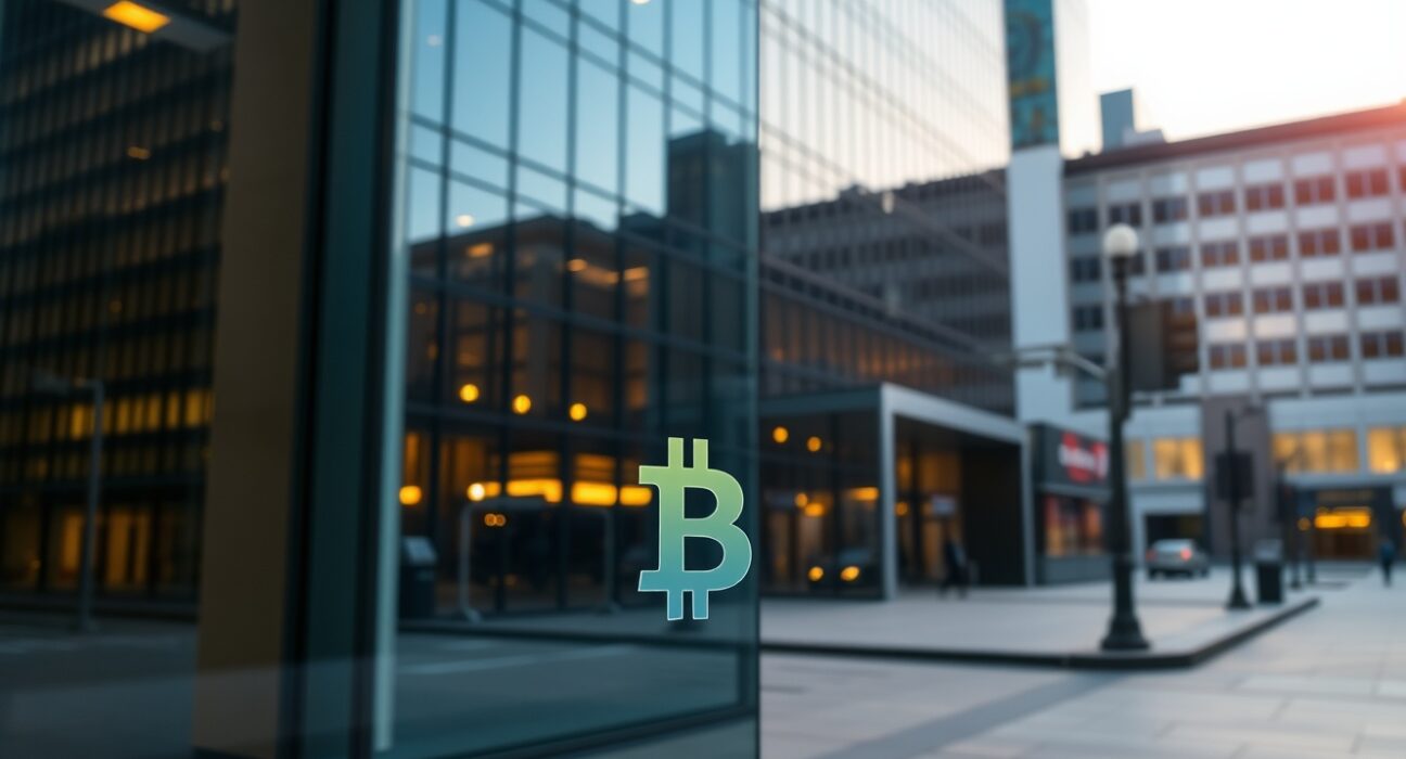 Modern corporate office building with a subtle Bitcoin symbol reflection, representing DDC Enterprise's Bitcoin treasury strategy.