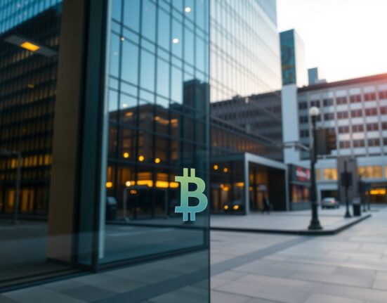 Modern corporate office building with a subtle Bitcoin symbol reflection, representing DDC Enterprise's Bitcoin treasury strategy.