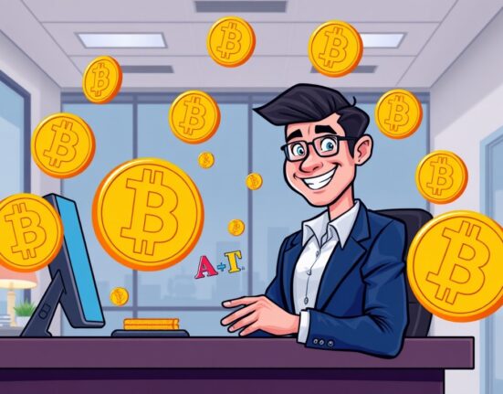 Cartoon showing DDC Enterprise Bitcoin acquisition, with an executive making a strategic digital purchase.