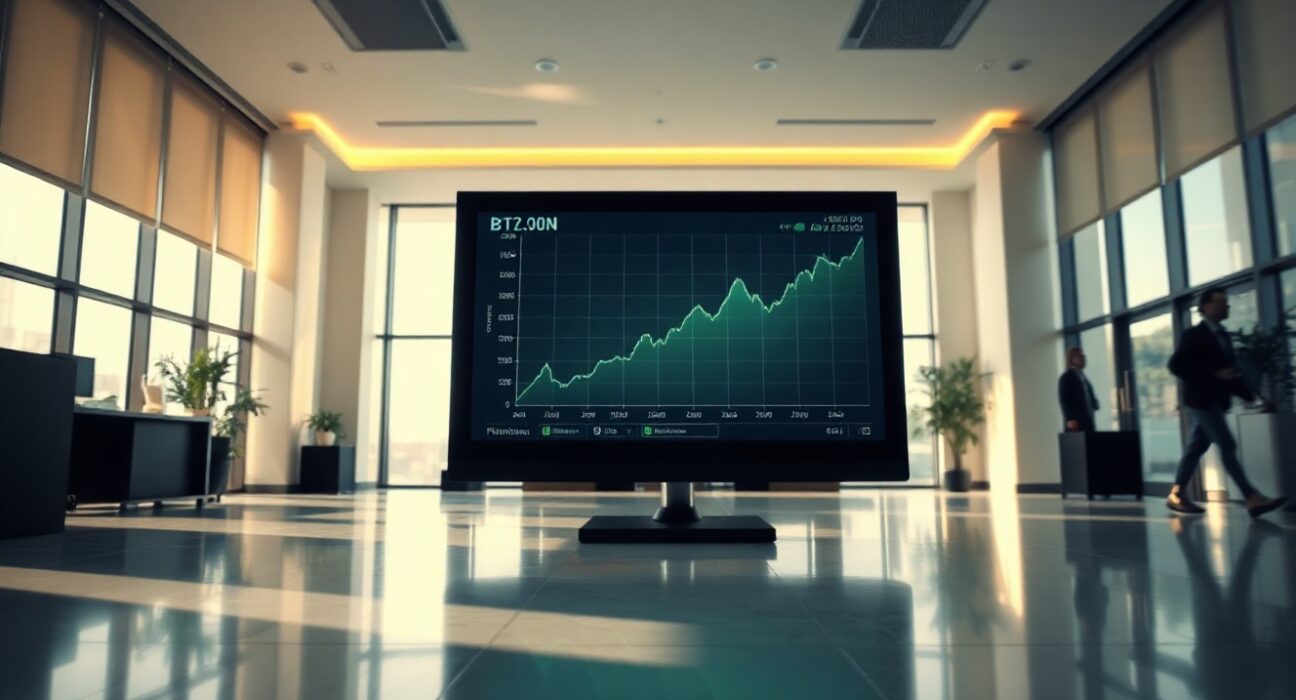 Digital screen displaying Bitcoin price chart in a modern corporate office lobby