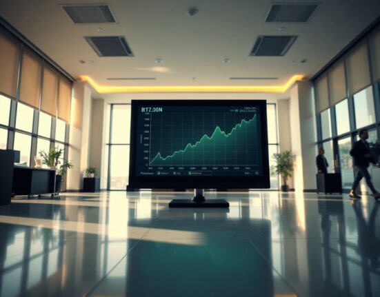Digital screen displaying Bitcoin price chart in a modern corporate office lobby