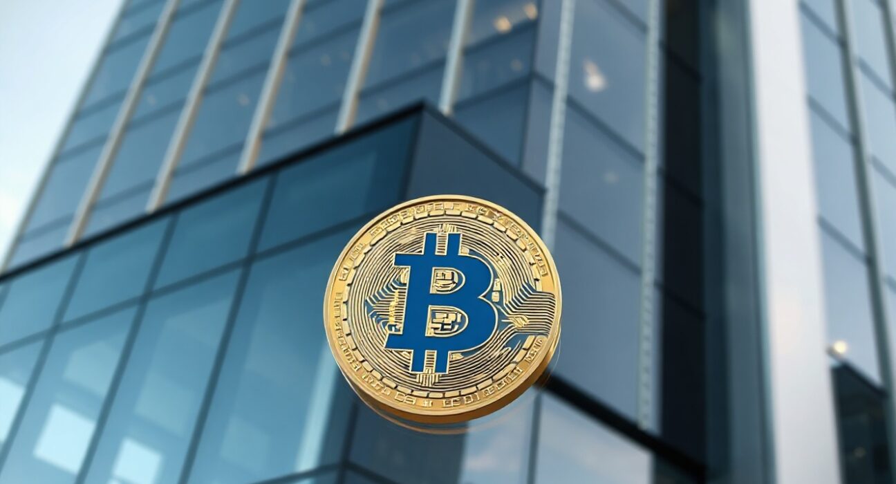 Modern corporate office building with subtle Bitcoin imagery representing corporate cryptocurrency investment