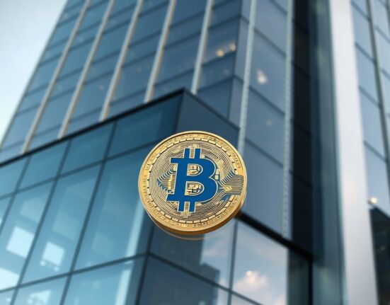 Modern corporate office building with subtle Bitcoin imagery representing corporate cryptocurrency investment