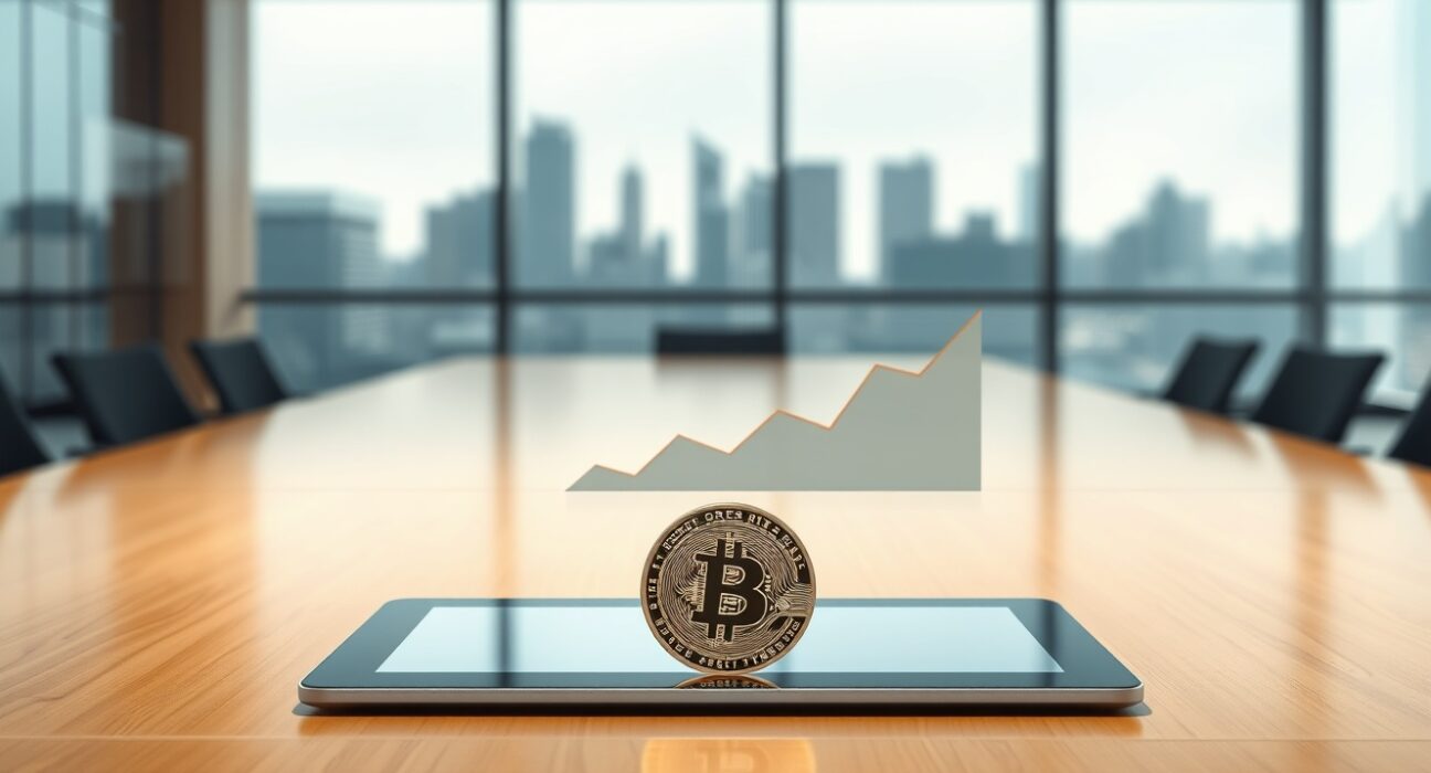 DDC Enterprise corporate Bitcoin investment strategy visualized with a tablet chart and Bitcoin coin.