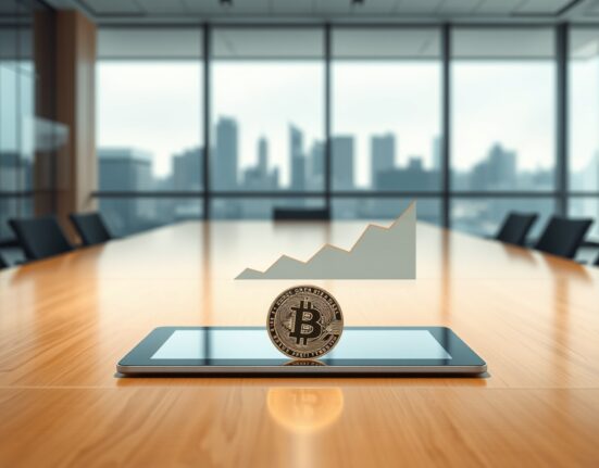 DDC Enterprise corporate Bitcoin investment strategy visualized with a tablet chart and Bitcoin coin.