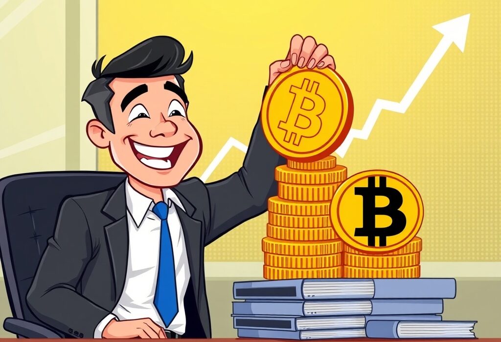 A cartoon executive adding to a pile of Bitcoin, illustrating DDC Enterprise's growing corporate Bitcoin holdings and strategic investment success.