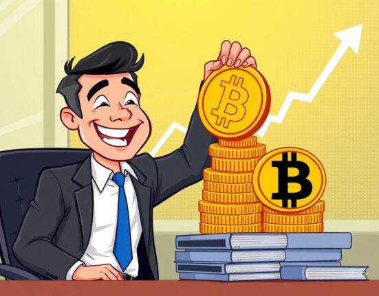 A cartoon executive adding to a pile of Bitcoin, illustrating DDC Enterprise's growing corporate Bitcoin holdings and strategic investment success.