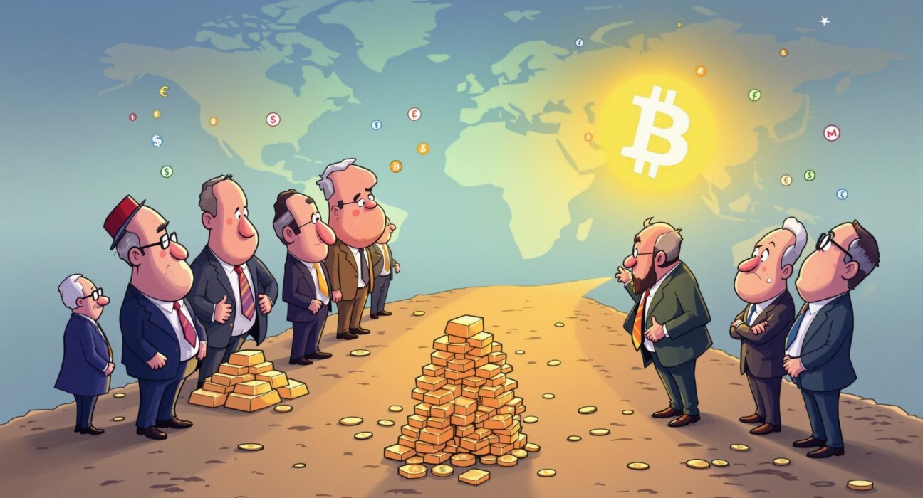 A cartoon illustration showing central banks considering gold and Bitcoin amidst global de-dollarization trends.