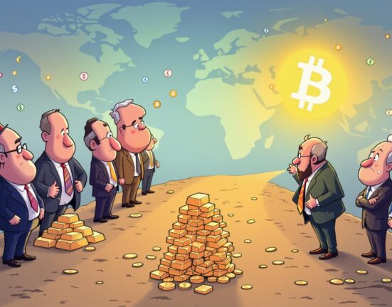 A cartoon illustration showing central banks considering gold and Bitcoin amidst global de-dollarization trends.