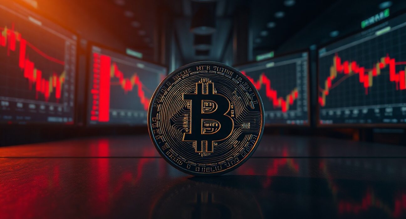 Bitcoin coin on a dark surface with red market charts in the background, representing a price decline.