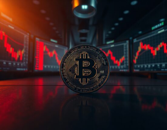 Bitcoin coin on a dark surface with red market charts in the background, representing a price decline.