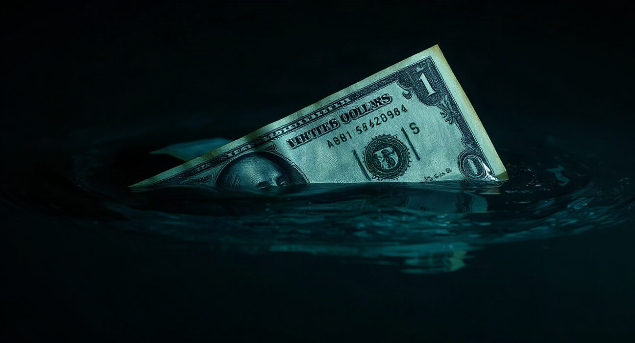 US dollar bill submerged in water, symbolizing potential debasement and loss of value.