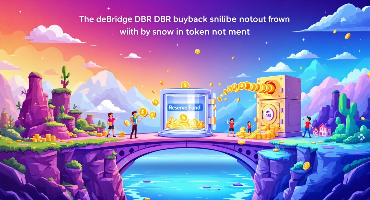 A cartoon illustration showing digital assets flowing into a secure reserve fund, symbolizing the deBridge DBR buyback initiative's positive impact on token value and ecosystem stability.