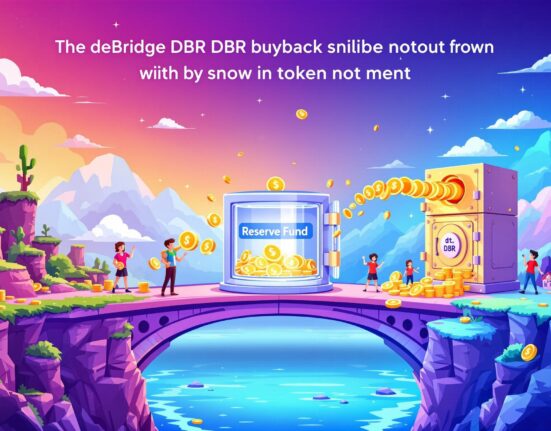 A cartoon illustration showing digital assets flowing into a secure reserve fund, symbolizing the deBridge DBR buyback initiative's positive impact on token value and ecosystem stability.